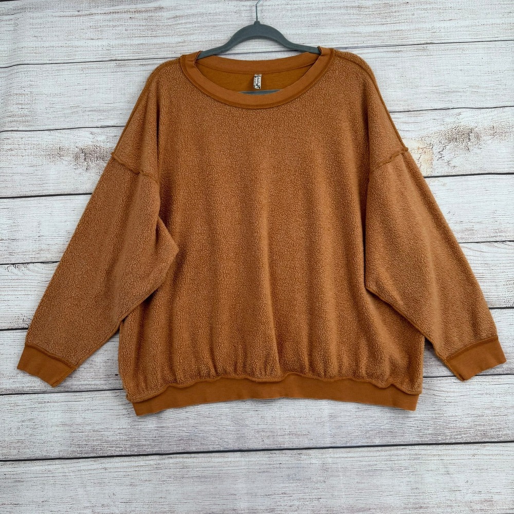 Free People Sweatshirt Women Medium Orange Sherpa Fleece Oversized Seam Detail